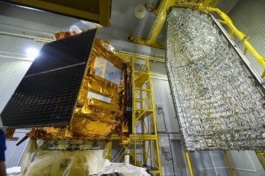 Sentinel-5P seen during the encapsulation within the launcher fairing