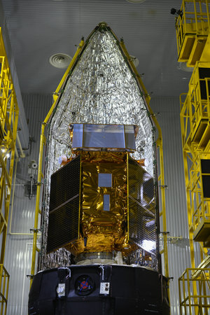 Sentinel-5P seen during the encapsulation within the launcher fairing