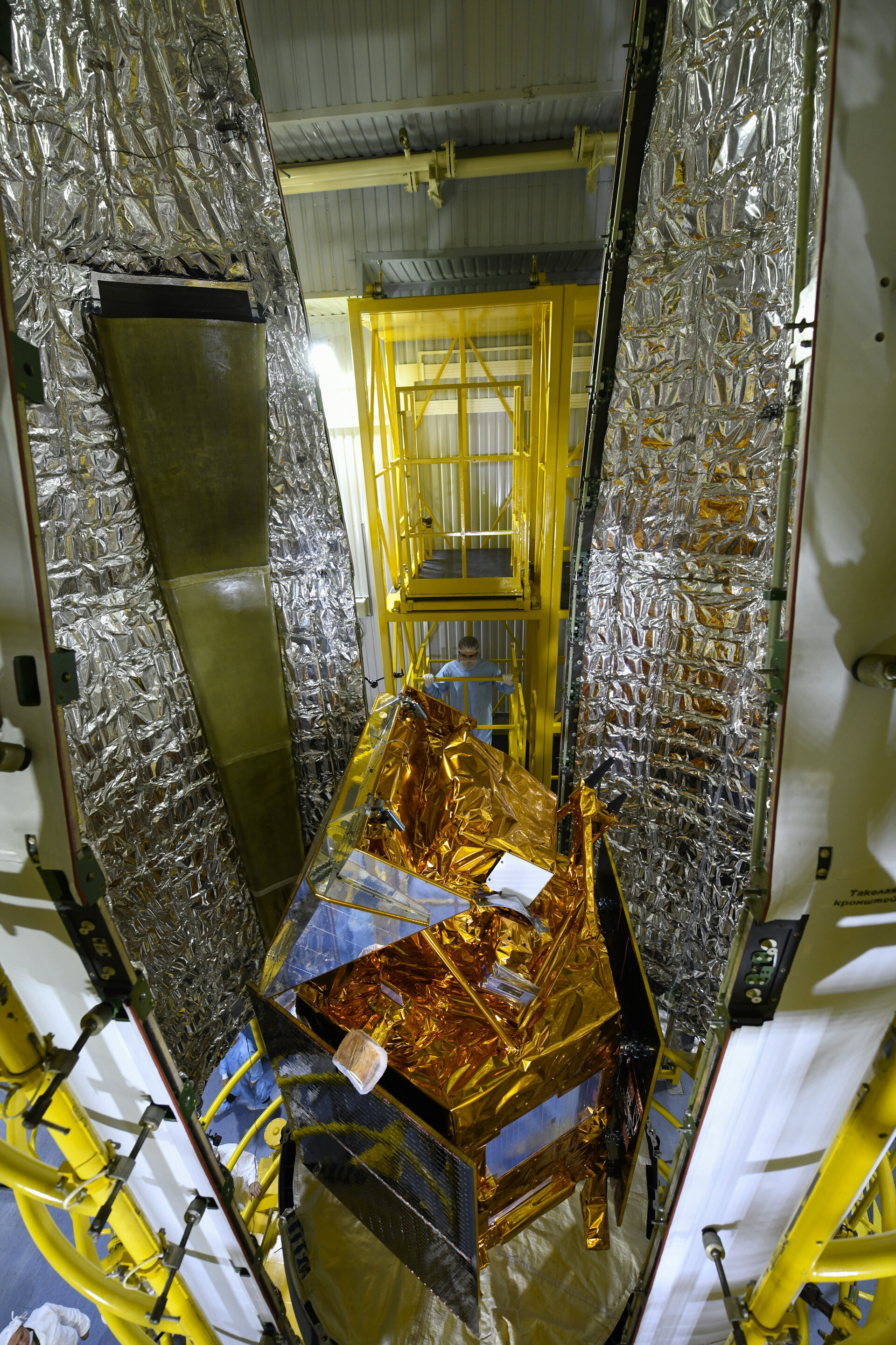 Sentinel-5P seen during the encapsulation within the launcher fairing