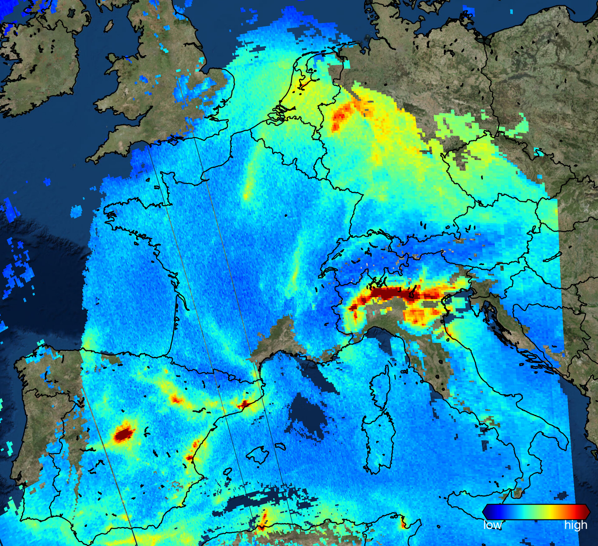 Sentinel-5P created this map of air pollution levels over Europe