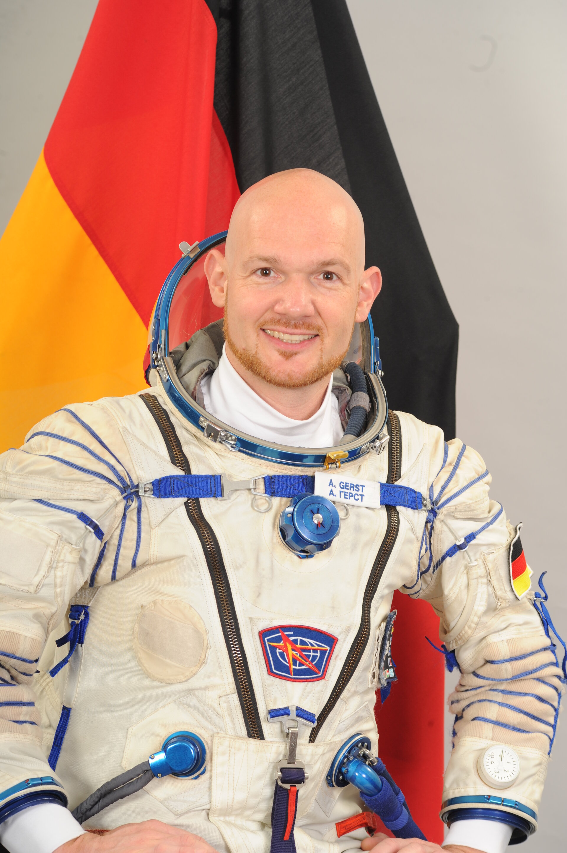 Alexander Gerst wearing the Sokol spacesuit