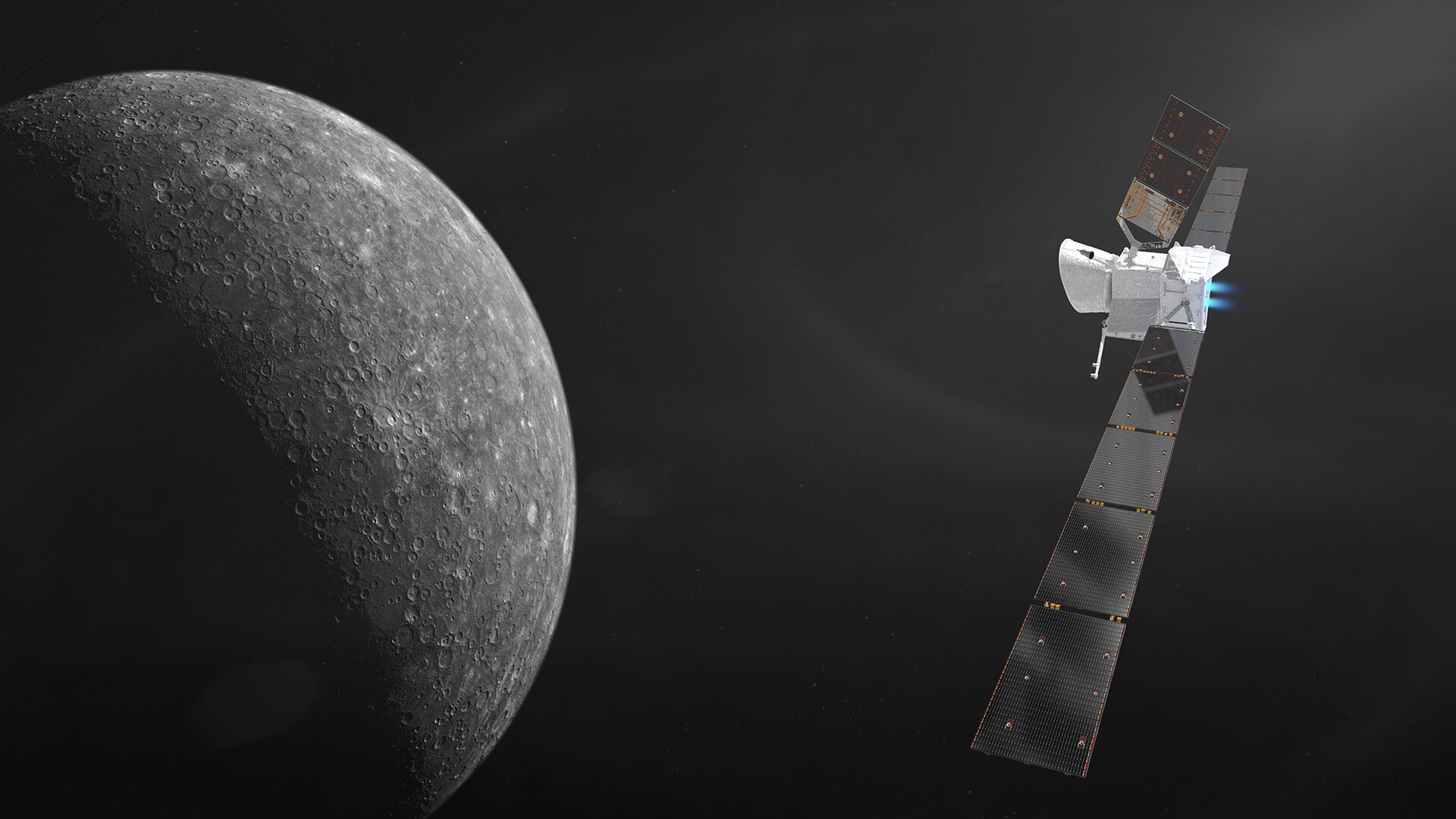 Sonda BepiColombo přilétá k Merkuru - zatím jen v podobě animace