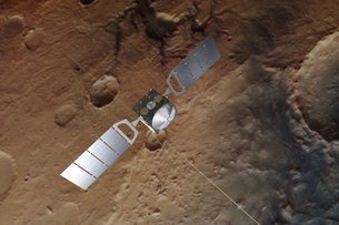 The background is based on an actual image of Mars taken by the spacecraft's high resolution stereo camera.