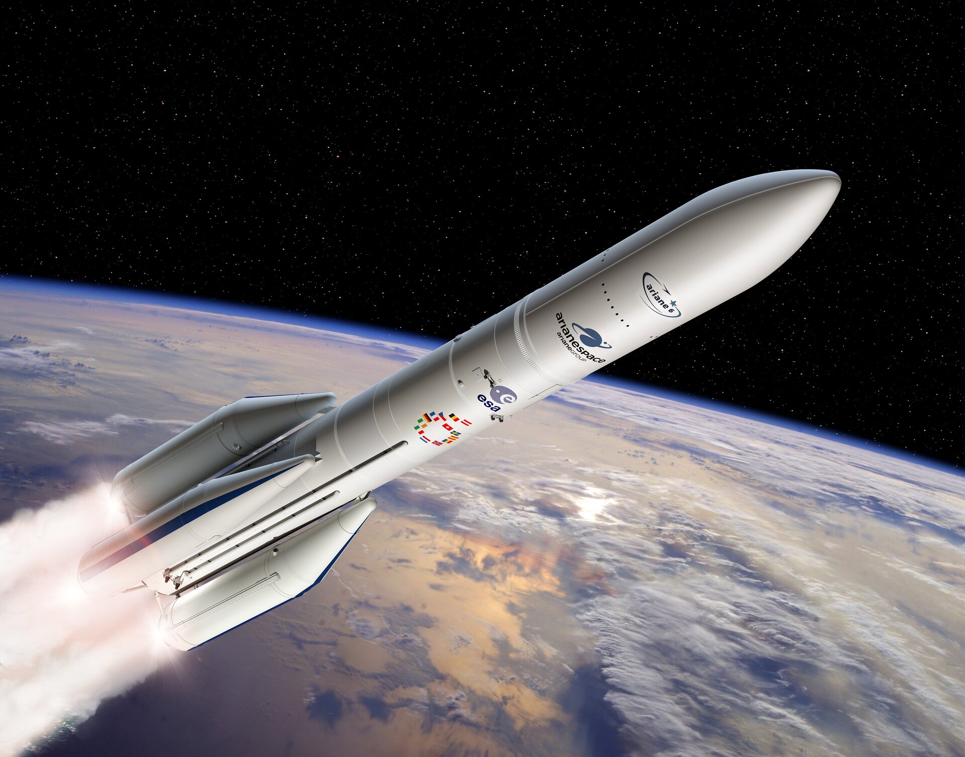 Artist's view of the configuration of Ariane 6 using four boosters (A64)