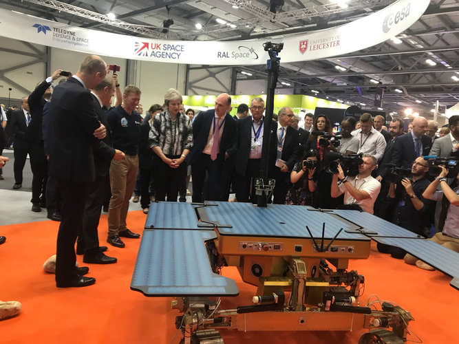 UK PM Theresa May with ESA Exomars Rover at Farnborough Airshow 2018