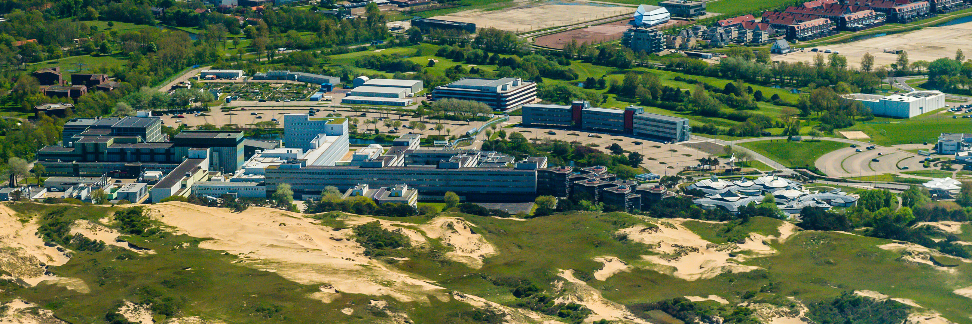 Dune-side aerial view of ESA’s ESTEC technical centre 