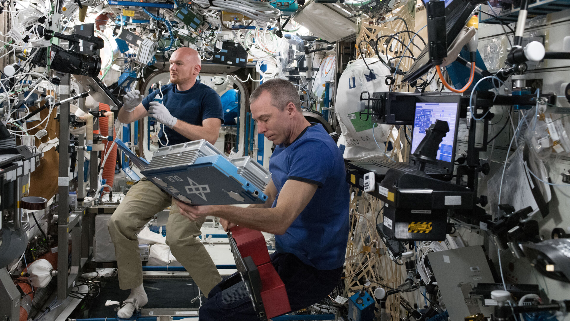 ESA astronaut Alexander Gerst and NASA astronaut Drew Feustal on board the International Space Station
