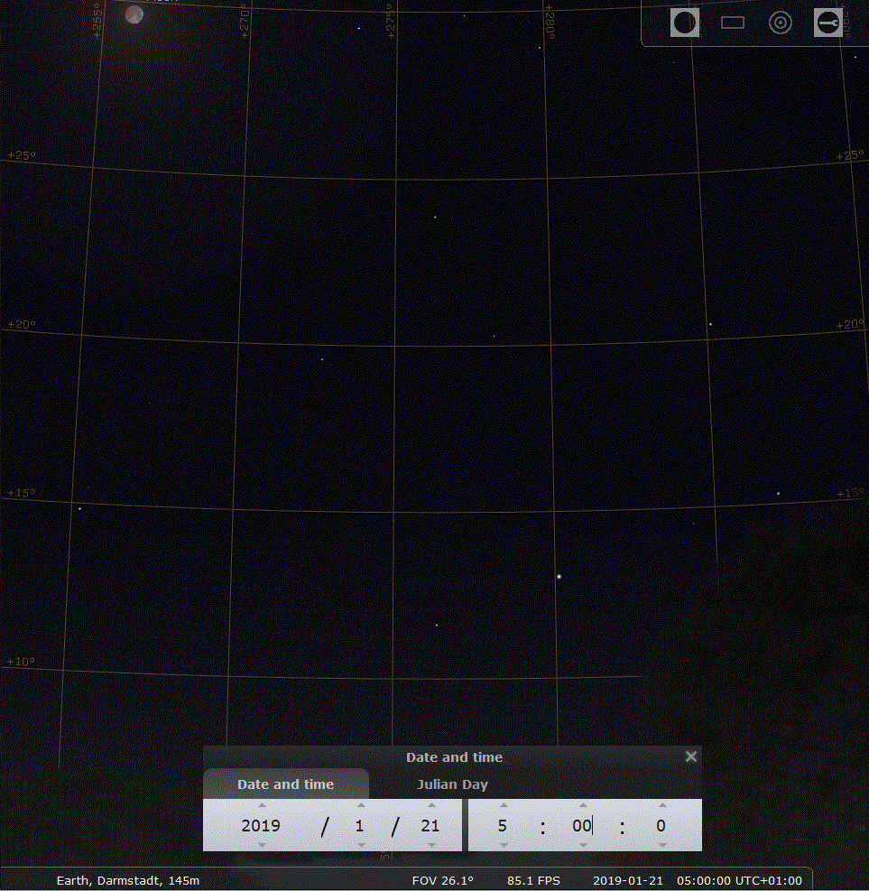 Animierte GIF-Datei der Mondfinsternis am 21.1.2019, erstellt für den Standort Darmstadt für den Zeitraum zwischen 05:00 und 06:45 MEZ 