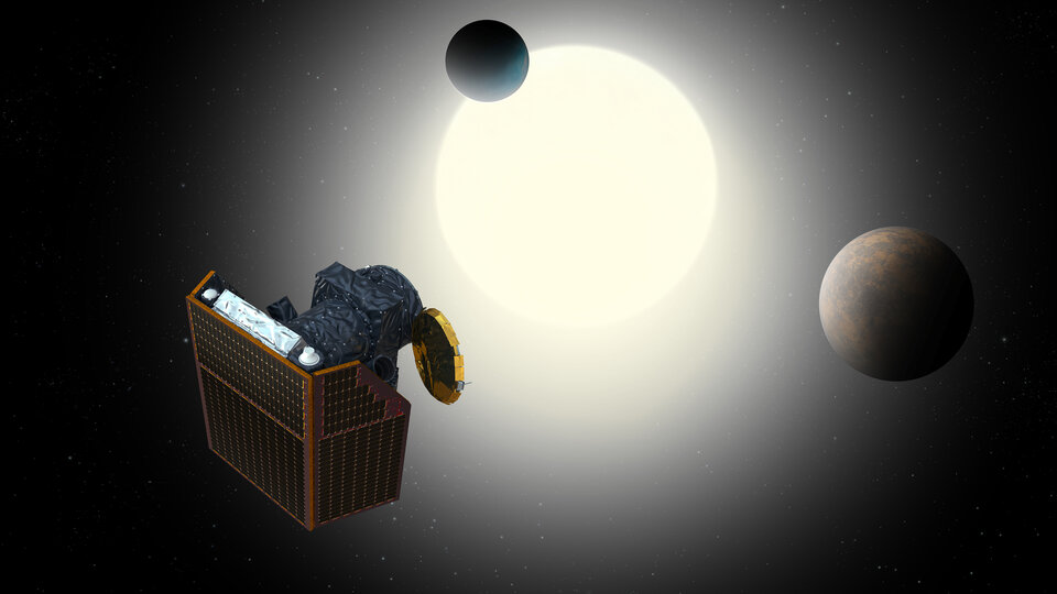 Schematické znázornění mise Cheops, exoplanety a její mateřské hvězdy