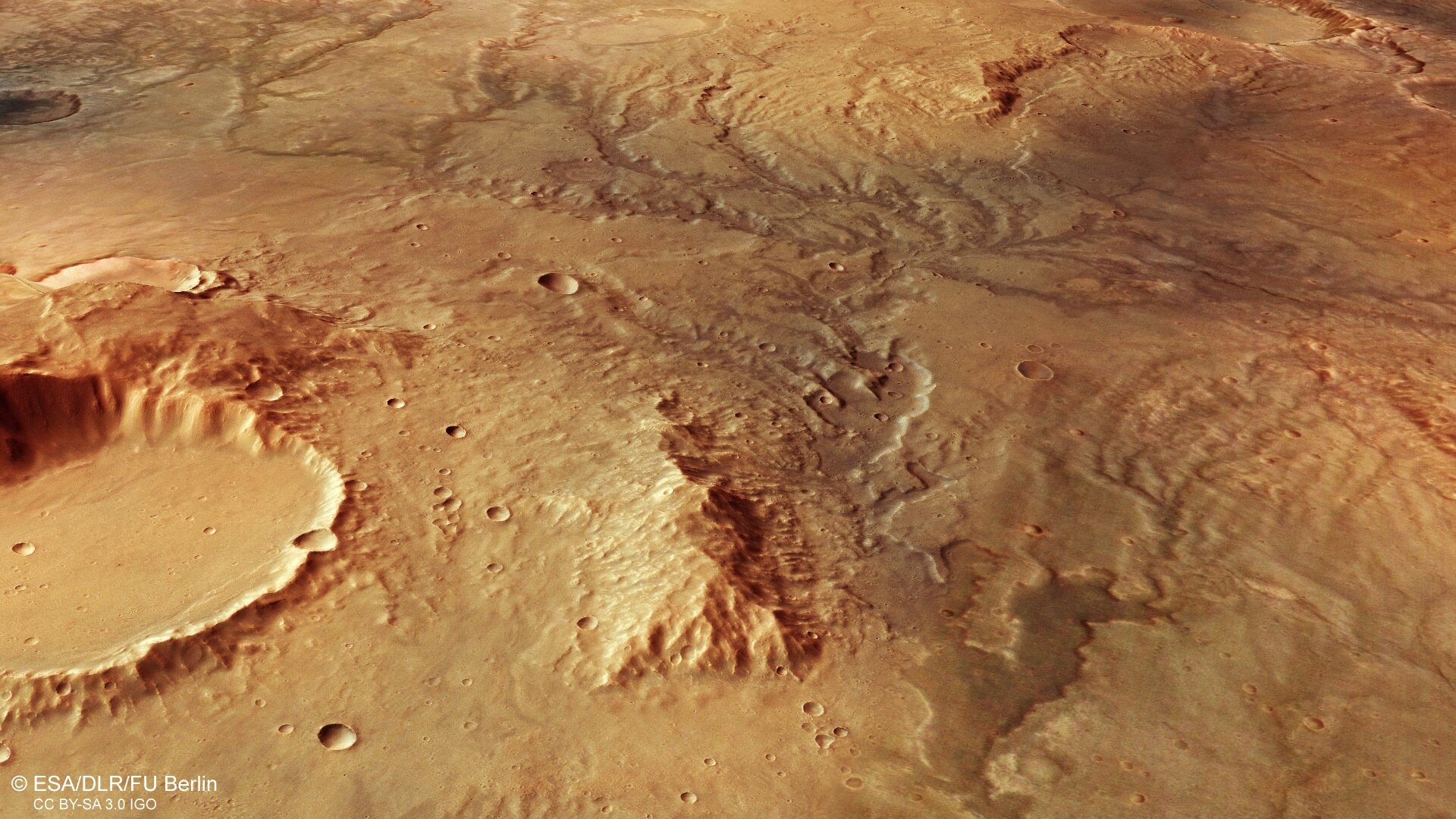 Vista en perspectiva de una antigua red de valles fluviales en Marte