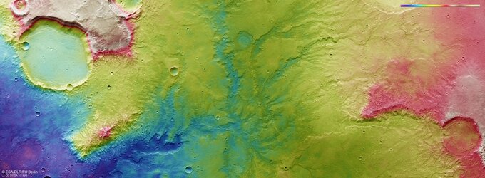 Topographic view of dried out river valley network on Mars