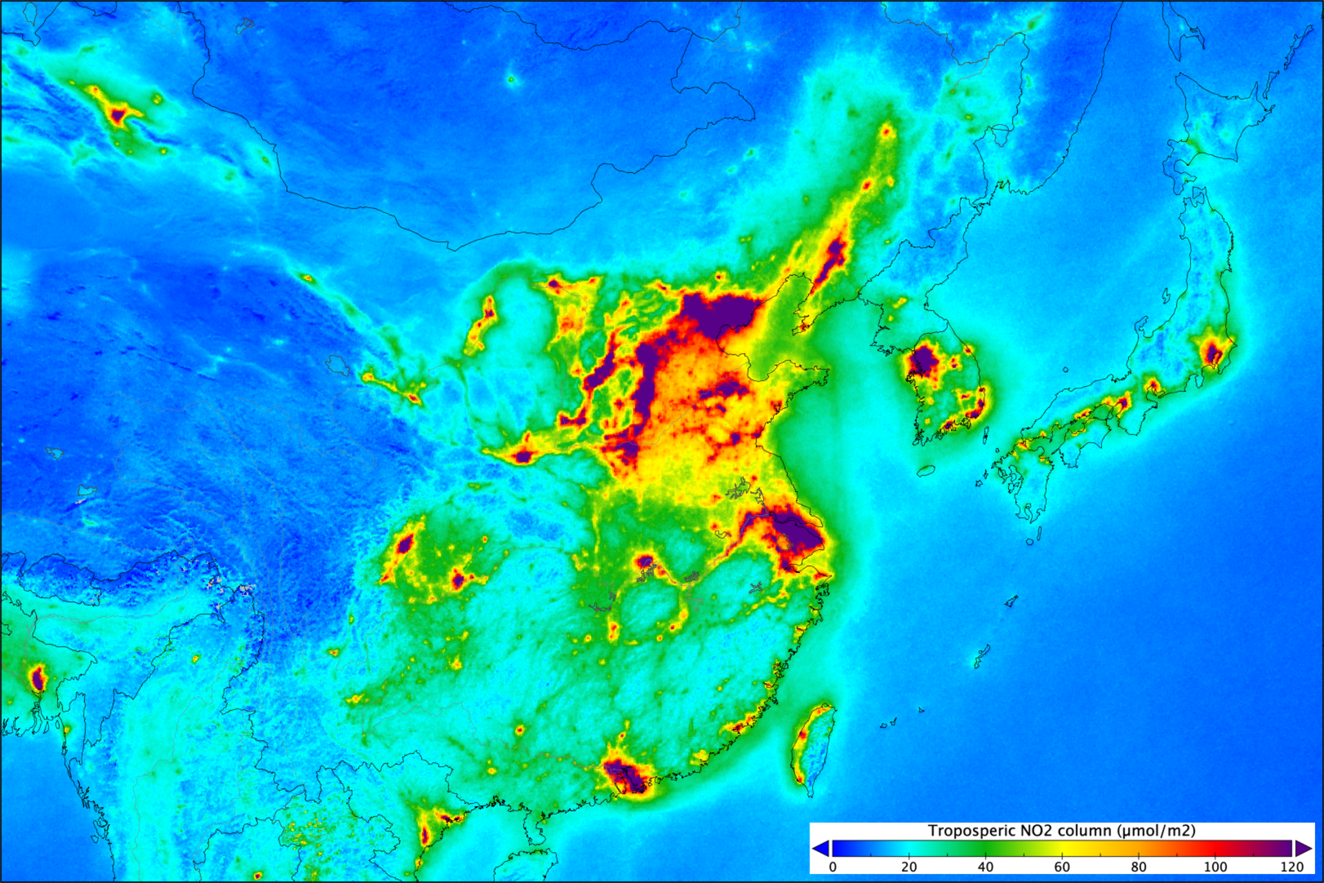 Nitrogen dioxide levels over China and Japan