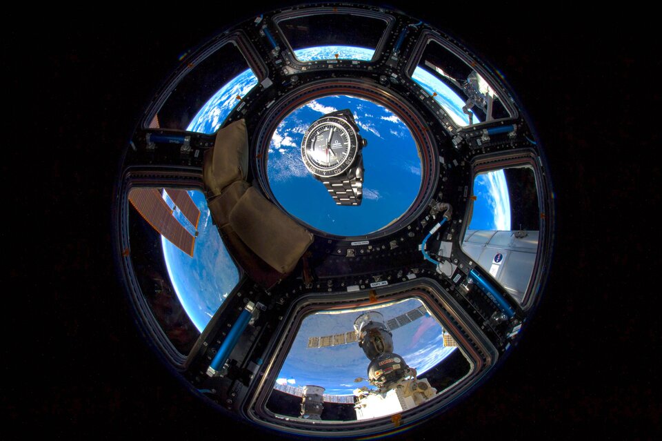Example of an Omega Speedmaster X33 Skywalker floating in the Cupola of the International Space Station during the mission of ESA astronaut Alexander Gerst in 2014