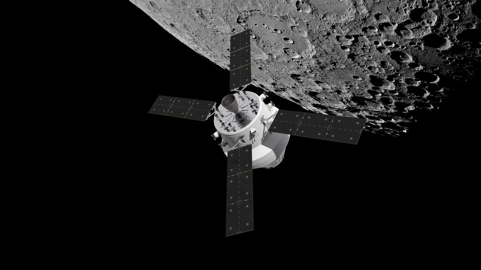Orion et le module de service européen au-dessus de la Lune (vue d'artiste)