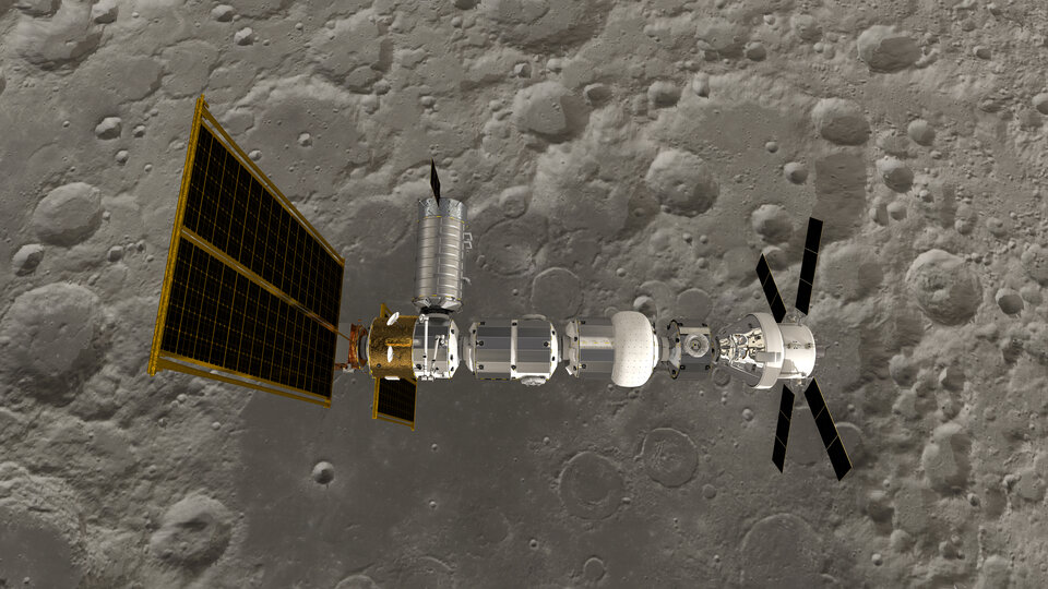 Representación artística de Gateway y Orion sobre el polo sur lunar