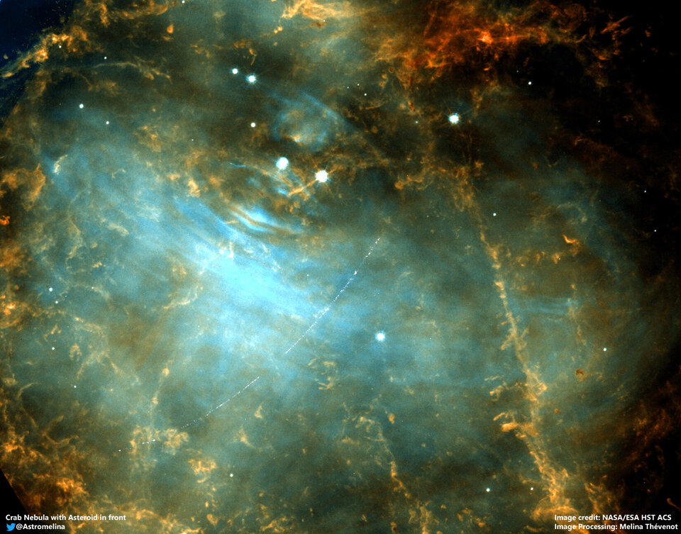 Asteróide em primeiro plano a passar pela Nebulosa do Caranguejo, identificado por um dos voluntários do projeto Hubble Asteroid Hunter