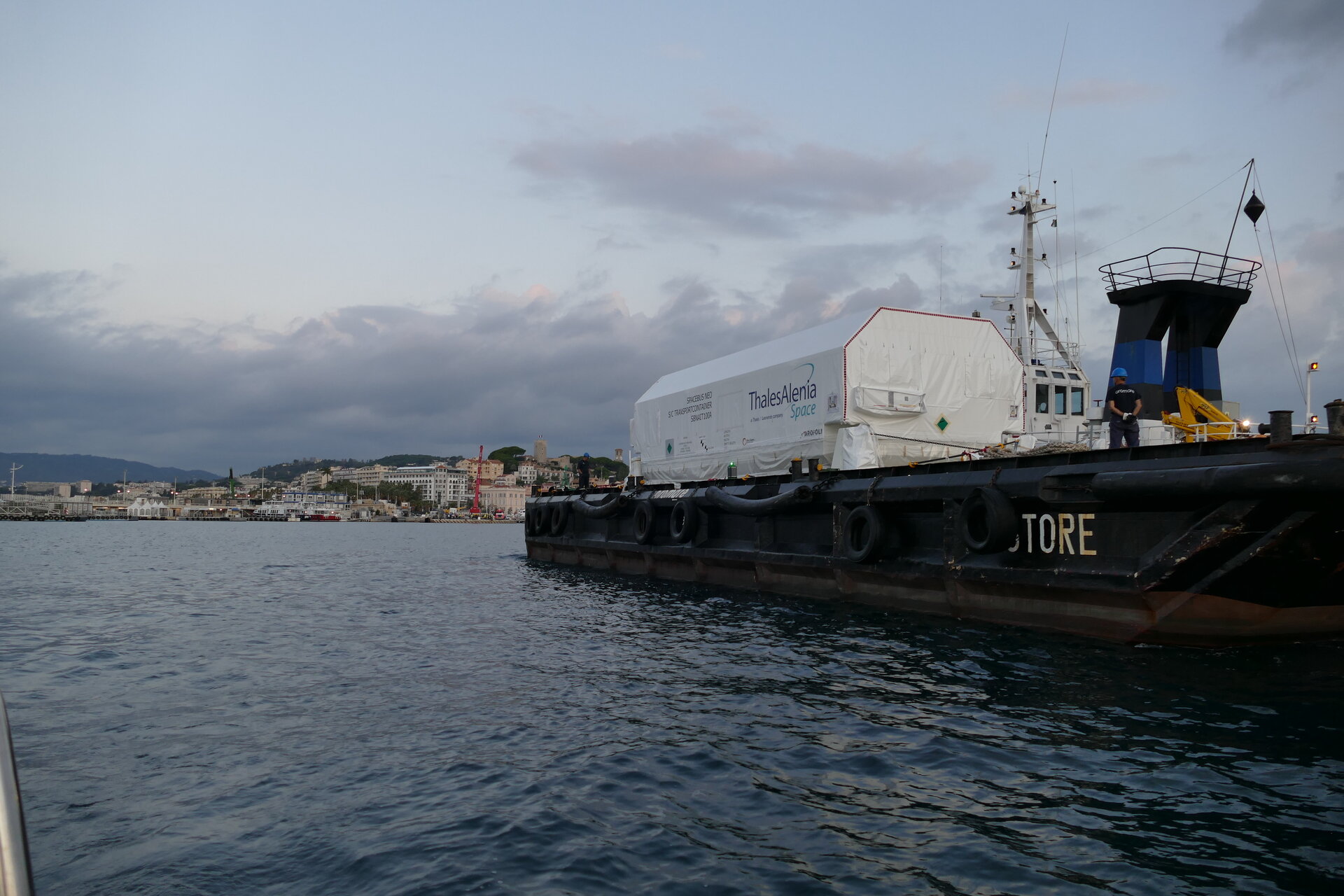 Huge satellite shipping container arrives in Cannes