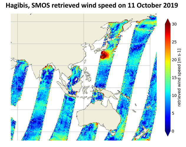 Ocean surface wind speed derived from SMOS