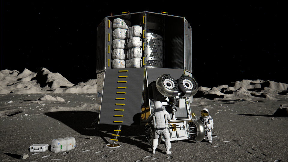Impresión artística del Módulo Logístico de Aterrizaje Europeo (EL3) soltando carga. Esta carga podría incluir una misión para explorar cuevas lunares. 