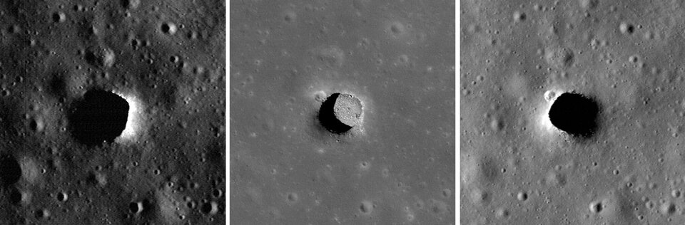 Tres imágenes de la sima de las colinas Marius, tomadas por la sonda Lunar Reconnaissance Orbiter de la NASA. Este pozo tiene unos 34 metros de profundidad y 65 x 90 metros de ancho. Este y otros pozos podrían ser una suerte de “tragaluces” que dieran acceso a largos tubos de lava. 