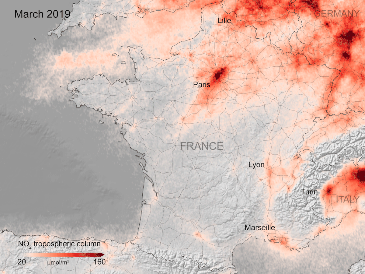 Concentraciones de dióxido de nitrógeno sobre Francia