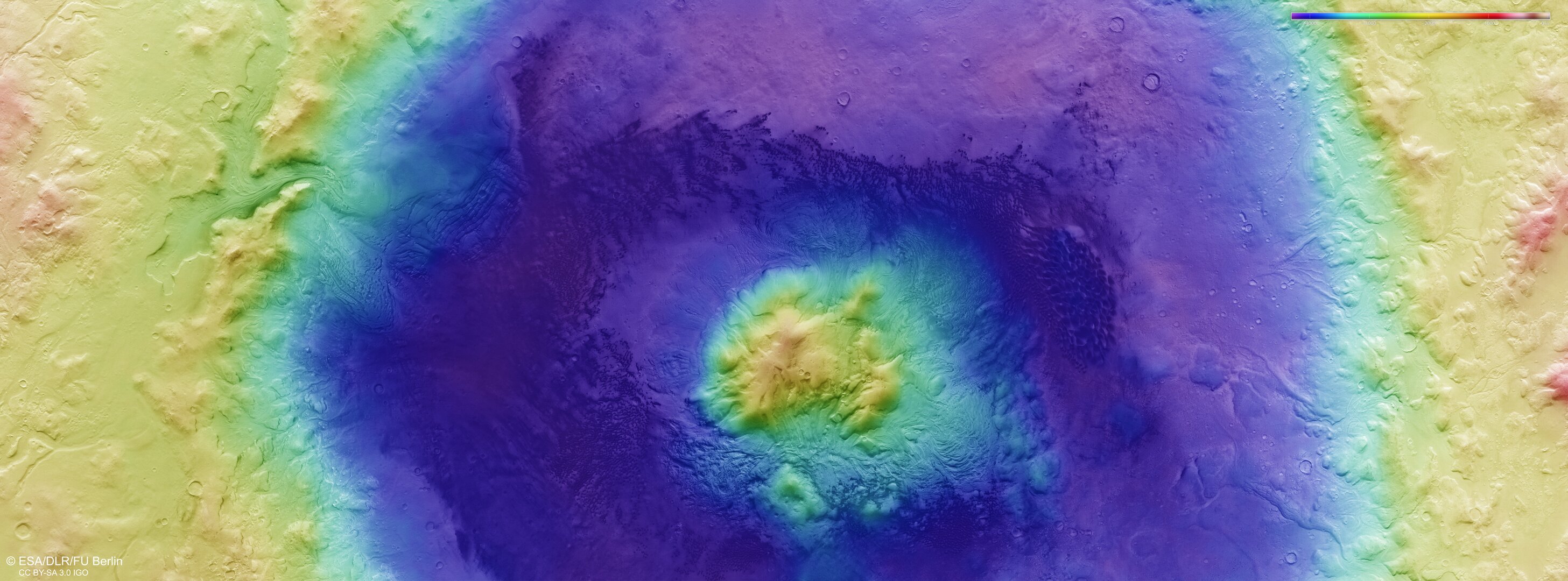 Colour-coded topographic image of Moreux crater