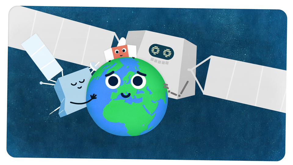 The three BepiColombo cartoon spacecraft modules symbolically 'hug' planet Earth ahead of the flyby