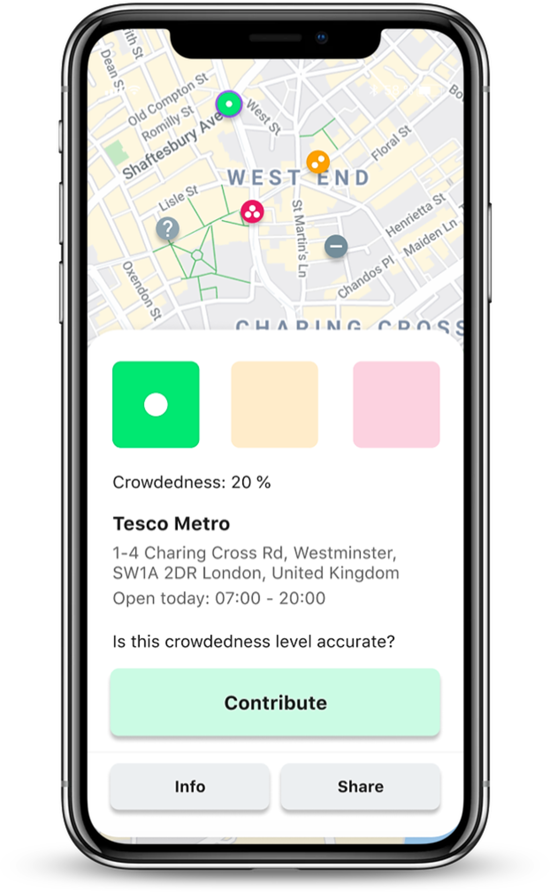 Crowdless mobile phone app shows when shops are crowded