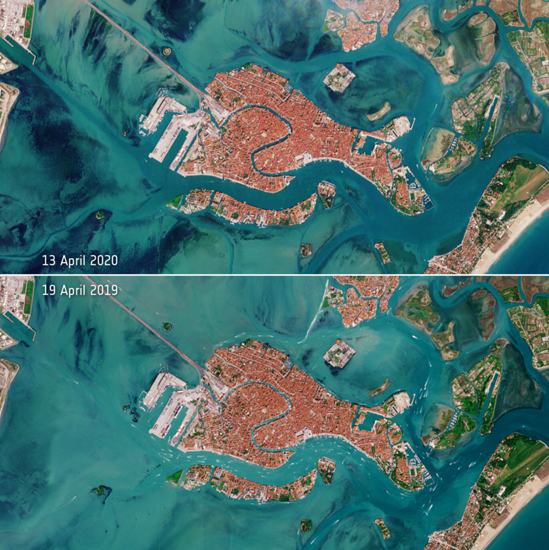 The Venetian lagoon appears almost deserted following Italy's lockdown to limit the spread of the coronavirus disease - as seen by Copernicus Sentinel-2