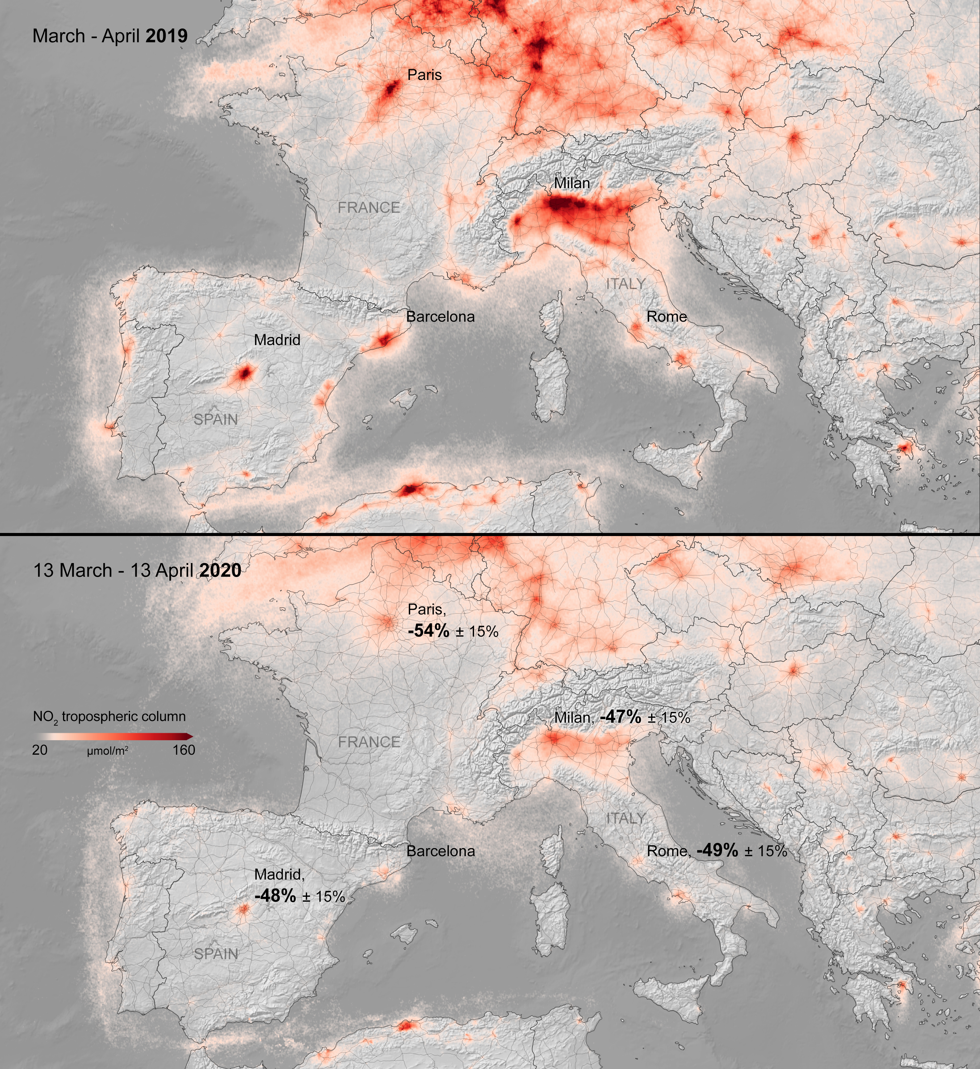 Cartes comparant les concentrations de dioxyde d'azote en Europe.