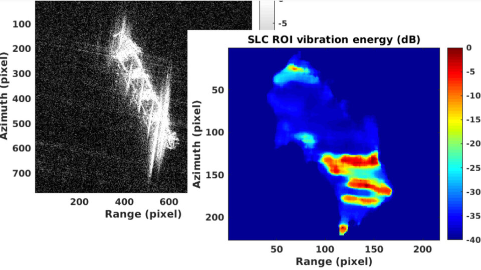 An SAR image of a ship (left) with its vibrations shown (right). This was calculated through previous work of the University of Strathclyde team, and the techniques will be developed in this new study.