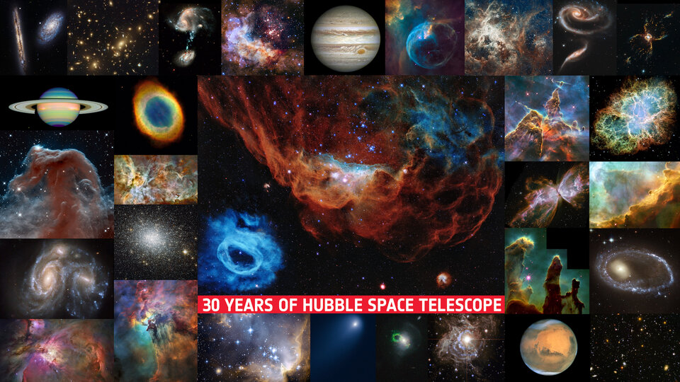 The Hubble Space Telescope was launched by the shuttle Discovery (STS-31) on 24 April 1990. From its vantage point 600 km above the Earth, Hubble looks deep into space where some of the most profound mysteries are still buried in the mists of time.