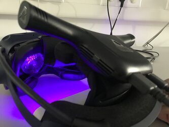 VR goggles are desinfected with portable UV-C lights