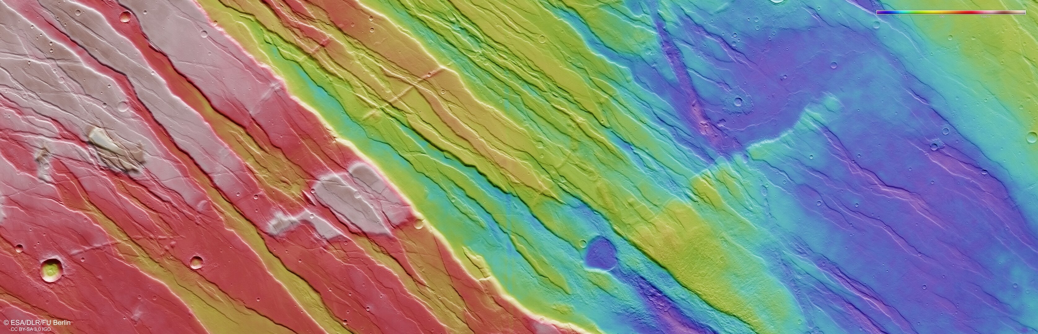 Topographic view of Tempe Fossae on Mars