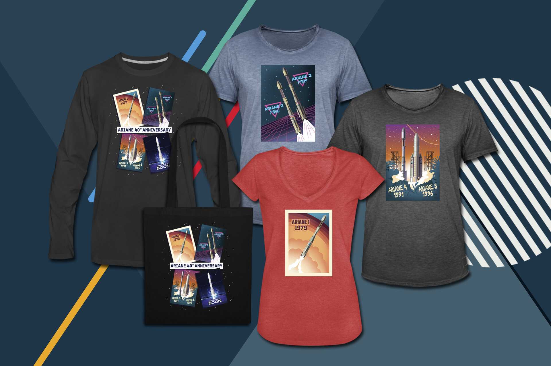 Go retro with t-shirts, posters, mug and tote bag celebrating 40 years of Ariane rockets with the ESA On Demand new collection.