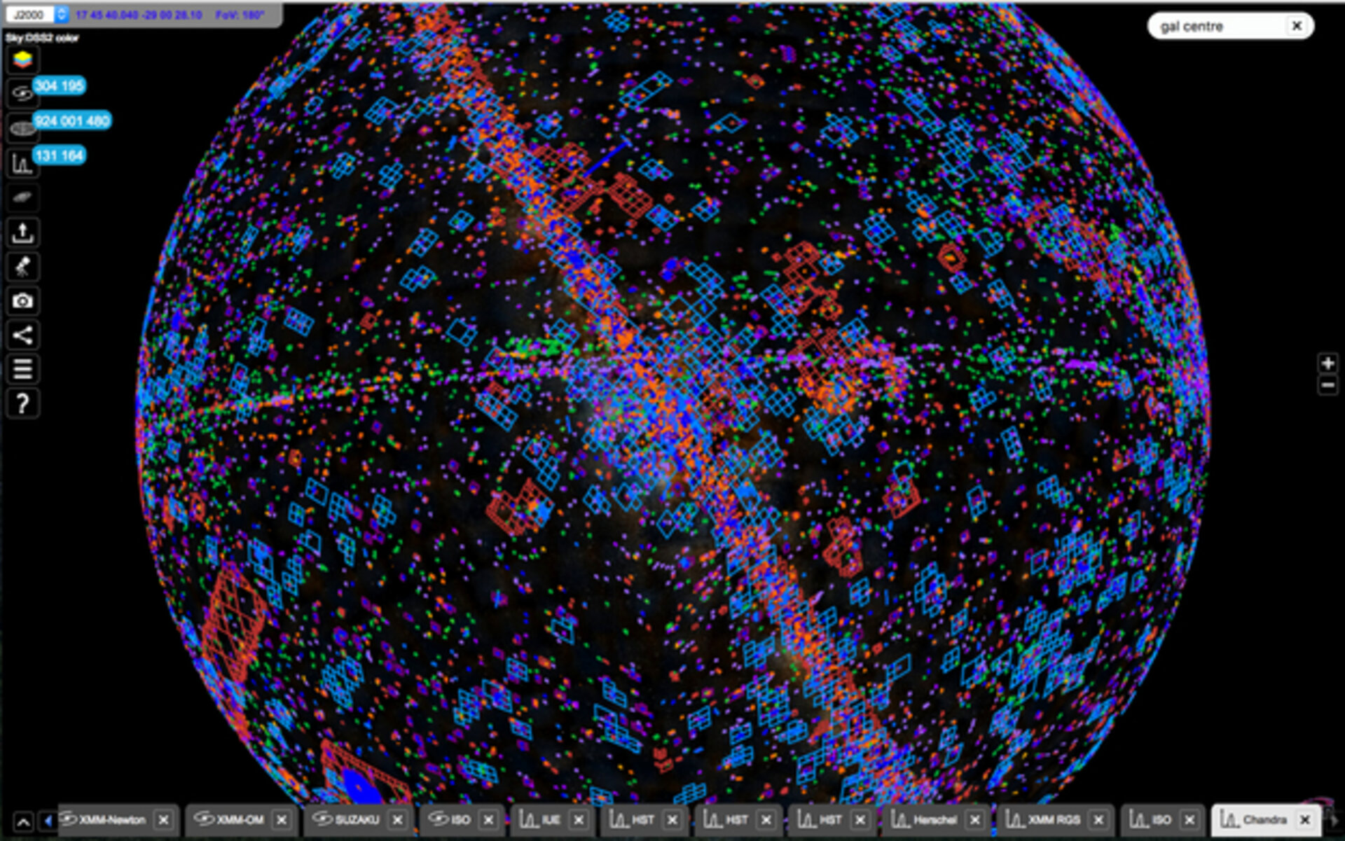 All-sky view of the content of ESASky, ESA's interactive portal to access astronomical data from space science missions.