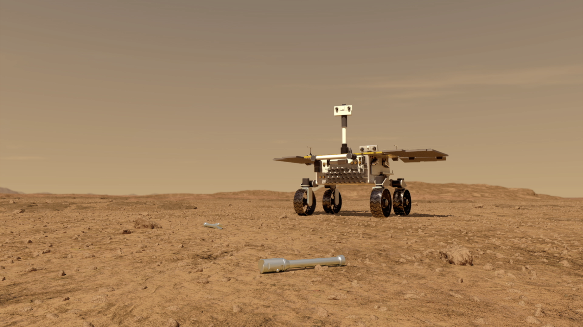 Artist's concept of the Sample Fetch Rover approaching sample tubes