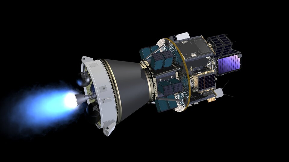 Artist's view of Vega flight VV16 with the Small Spacecraft Mission Service (SSMS) dispenser