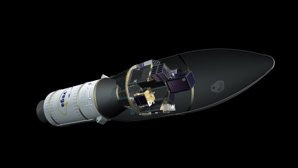 Vue d’artiste du vol VV116 de Vega avec le dispenseur Small Spacecraft Mission Service (SSMS) et SAT-AIS.