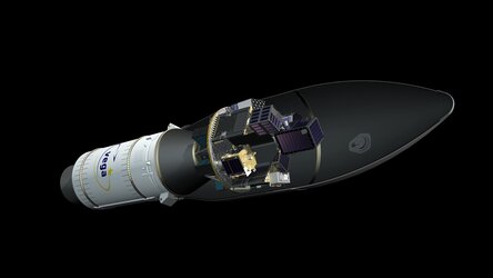 Artist's view of Vega flight VV16 with the Small Spacecraft Mission Service (SSMS) dispenser and SAT-AIS.