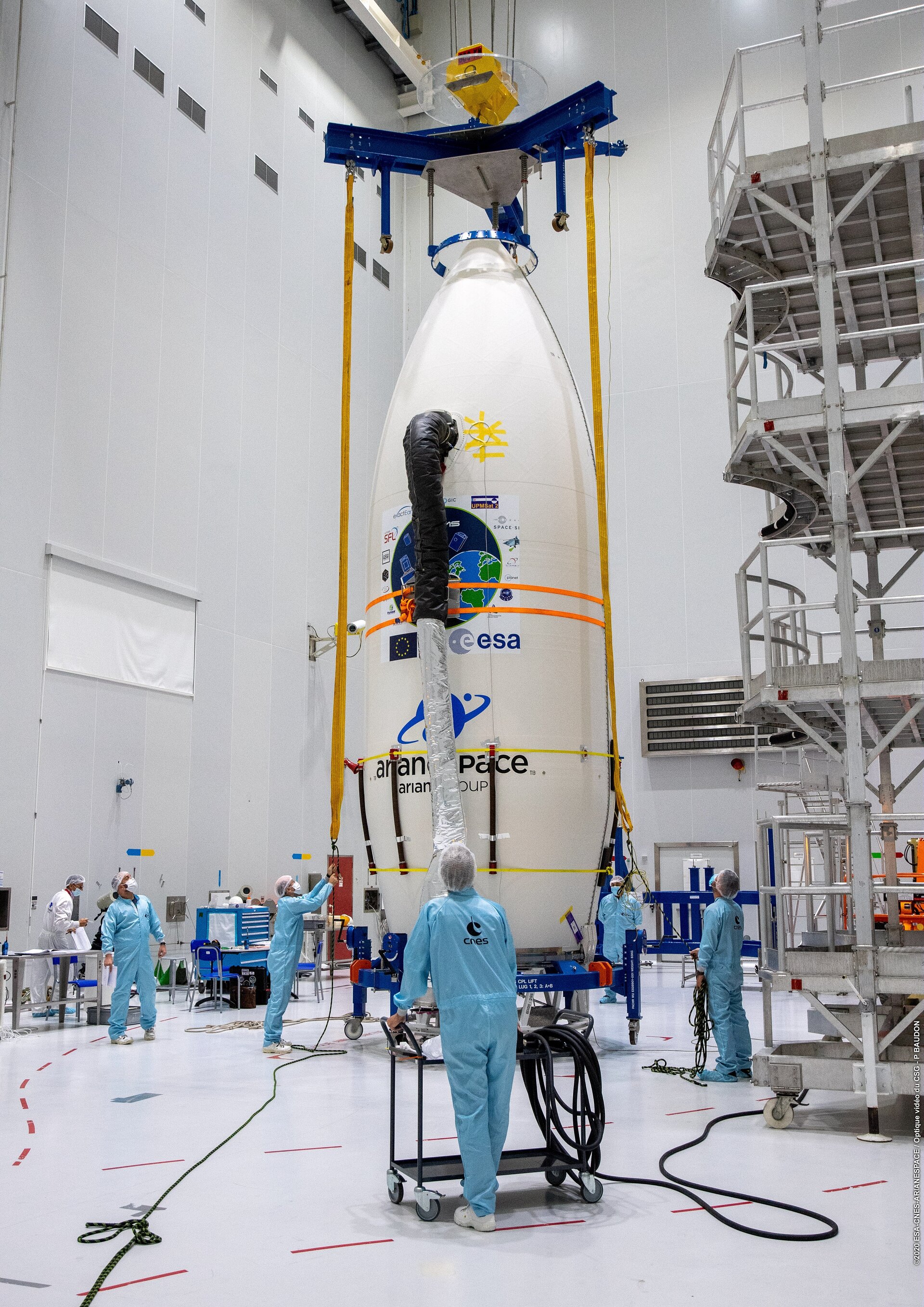 Vega's Small Spacecraft Mission Service (SSMS) dispenser holding 53 satellites is stowed inside Vega's fairing at Europe's Spaceport.