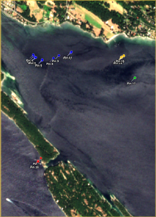 Floating debris off of the coast of Canada, with pins indicating different patches of debris, from satellite data processed in a <a href="https://www.pml.ac.uk/Research/Projects/OPTIMAL"><b>previous ESA project</b></a> related to marine litter.