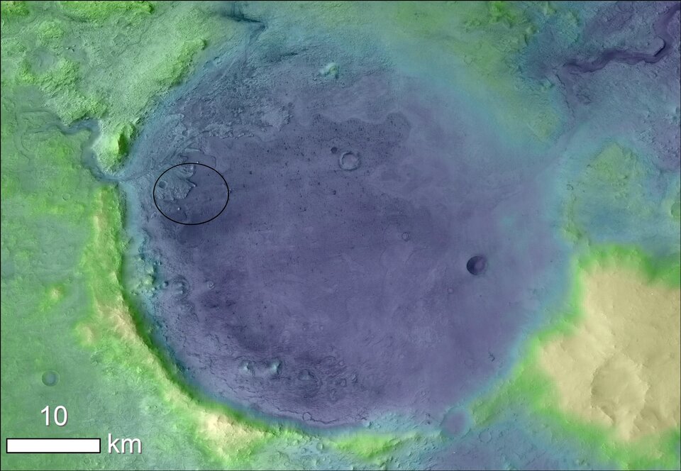 Jezero krater's oude meeroever. Het ovaal toont de landingsellips van Mars 2020. Credit: NASA/JPL-Caltech/MSSS/JHU-APL/ESA