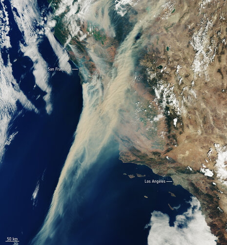 Captured on 19 August 2020, this Copernicus Sentinel-3 image shows the extent of the smoke from fires currently ablaze in California, US.