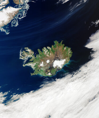 A rare, cloud-free view of Iceland is visible in this image captured by the Copernicus Sentinel-3 mission on 14 August 2020.