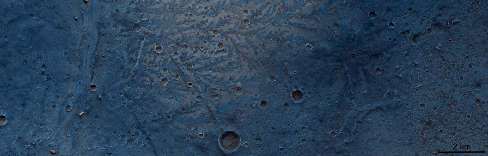 Estruturas em forma de folha na cratera de impacto Antoniadi