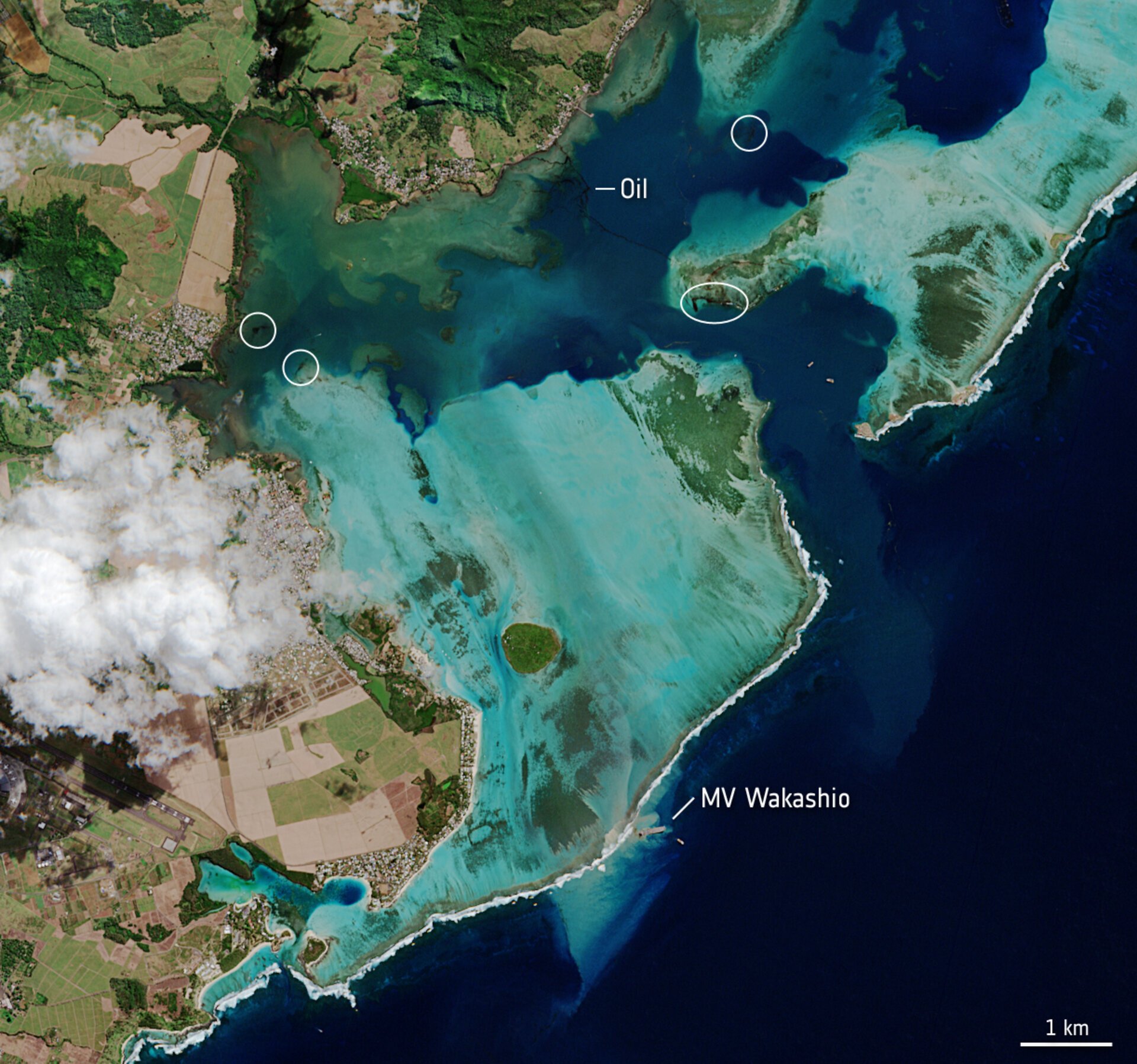 Satellitenbilder werden zur Überwachung des Ölteppichs vor der Küste von Mauritius verwendet. 