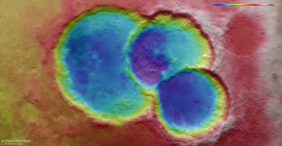 Topographic view of triple crater on Mars