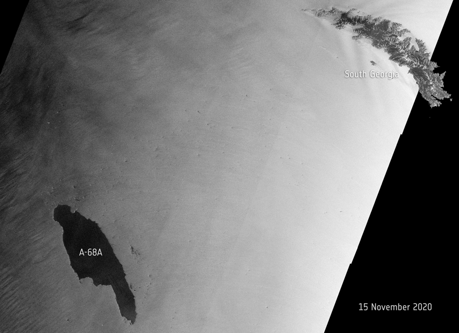 An enormous iceberg, called A-68A, has made headlines over the past weeks as it drifts towards South Georgia in the Southern Ocean. New images show the berg is rotating and potentially drifting westwards.