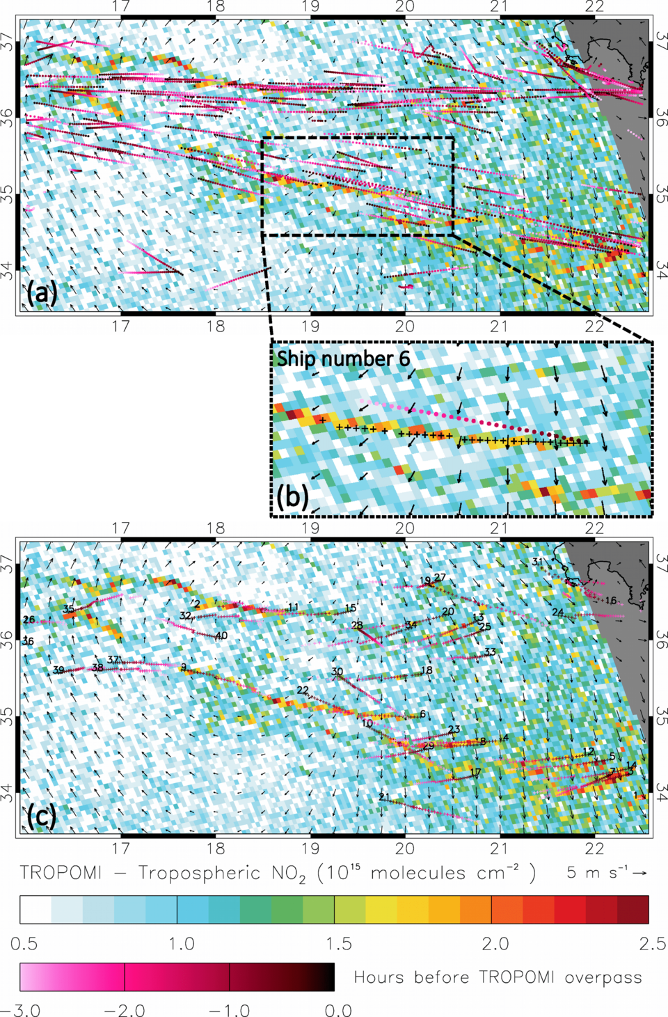 Nitrogen dioxide concentration patterns under sun glint conditions